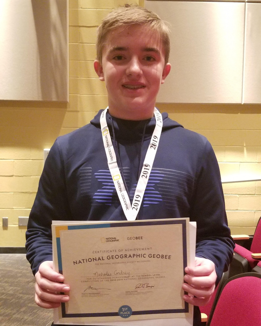 Nick Cordrey the 2019 Geography Bee Winner at Taylor Middle School